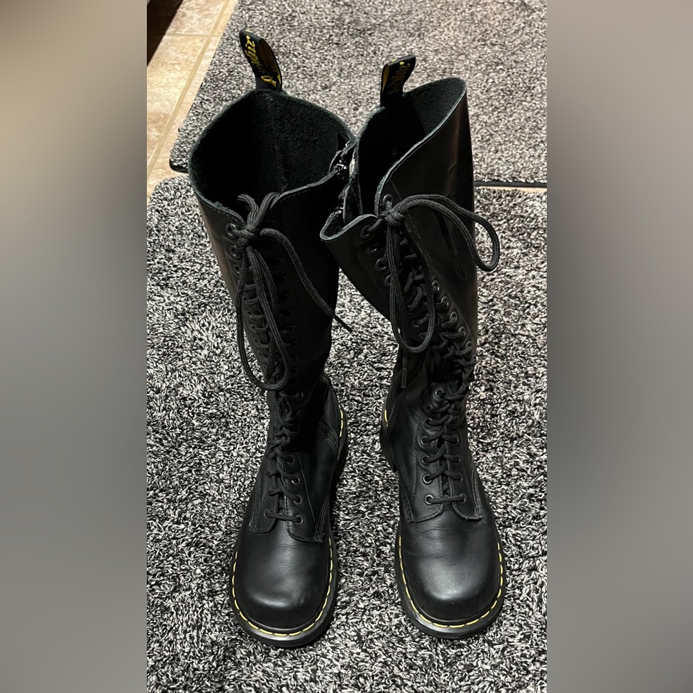 Dr. Martens Black Lace-Up Tall Boots with Yellow Stitching